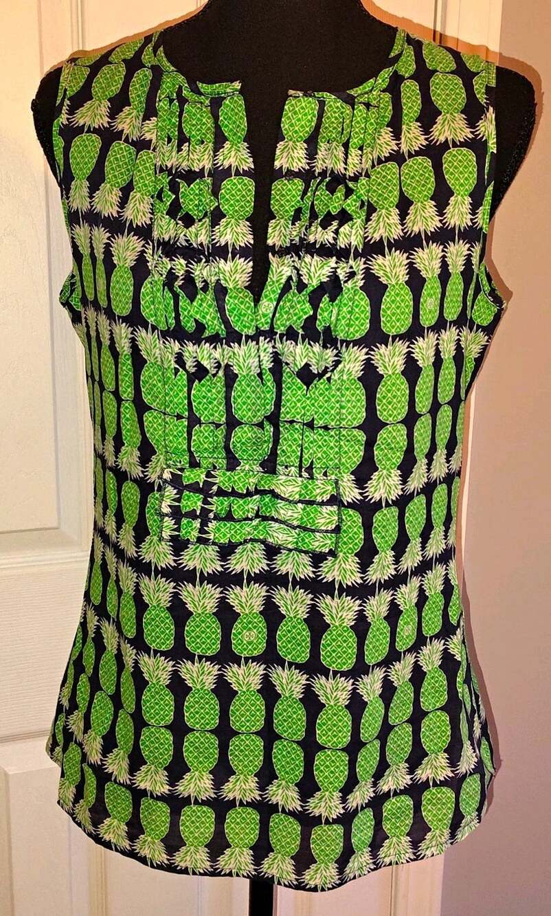 Tory Burch Tunic Blouse Green Pineapple Print Sleeveless Size 2 MPN 33071182